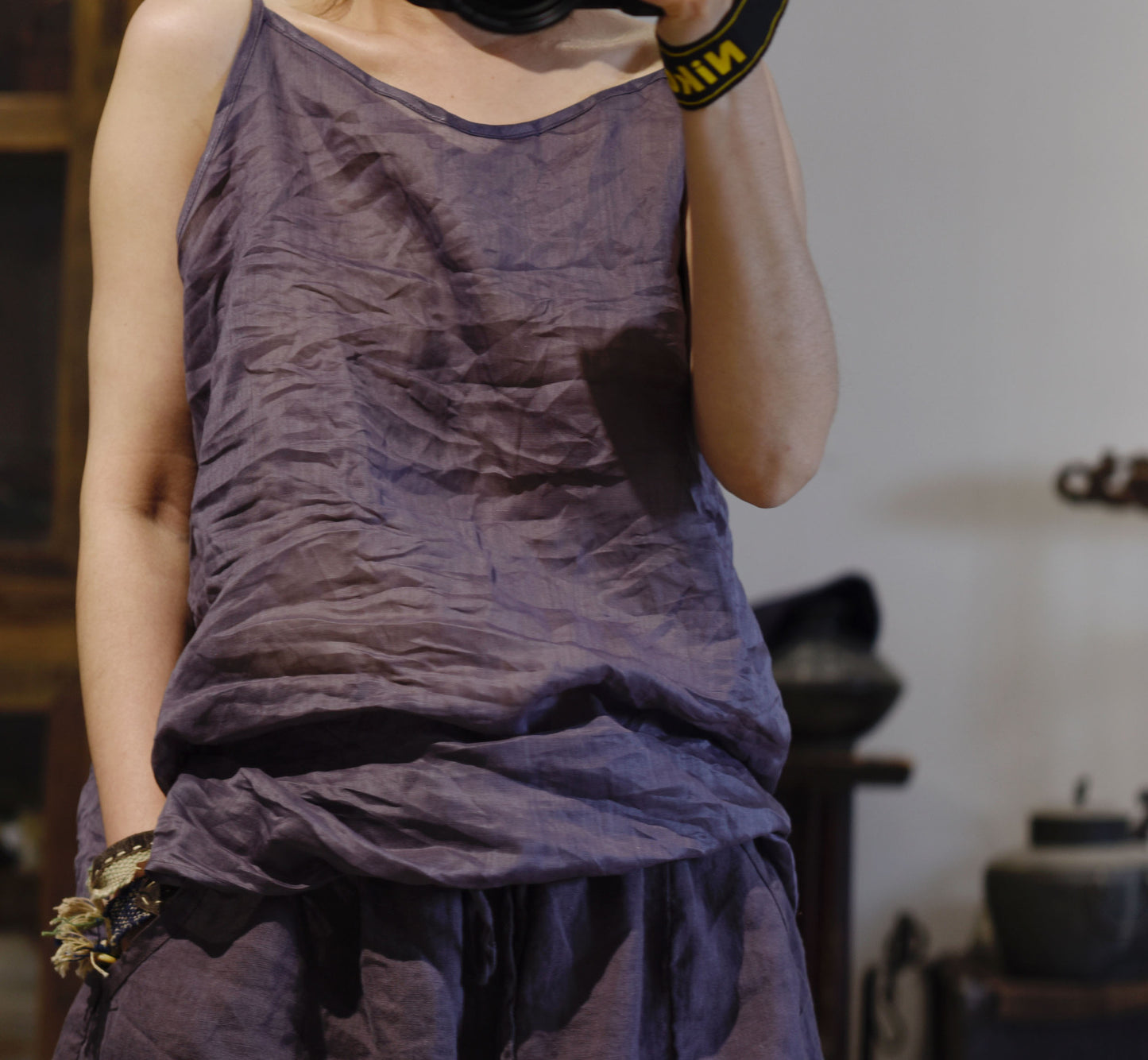 2025 24/2 Aduo, the new simple literary and retro versatile solid color bottomed ramie vest sling