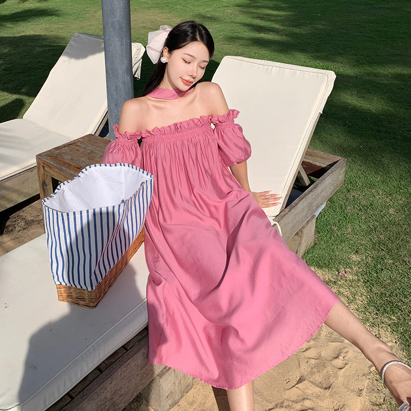 2025 2025 new Sanya seaside vacation one-word shoulder sexy backless neck dress women's summer Thai beach dress