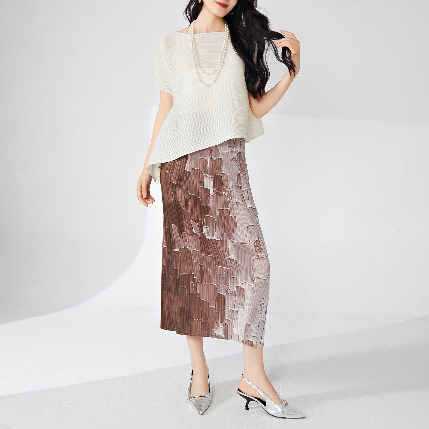 High sense of gradual change pleated skirt temperament elegant high waist hip wrap medium and long design sense after split step skirt