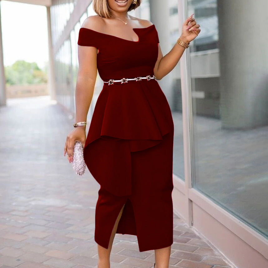 2025 D214 2023 Summer Short Sleeve Hip Wrap Solid Color Split End OL Off Shoulder 2025 Dress Cross-border Dress Dress