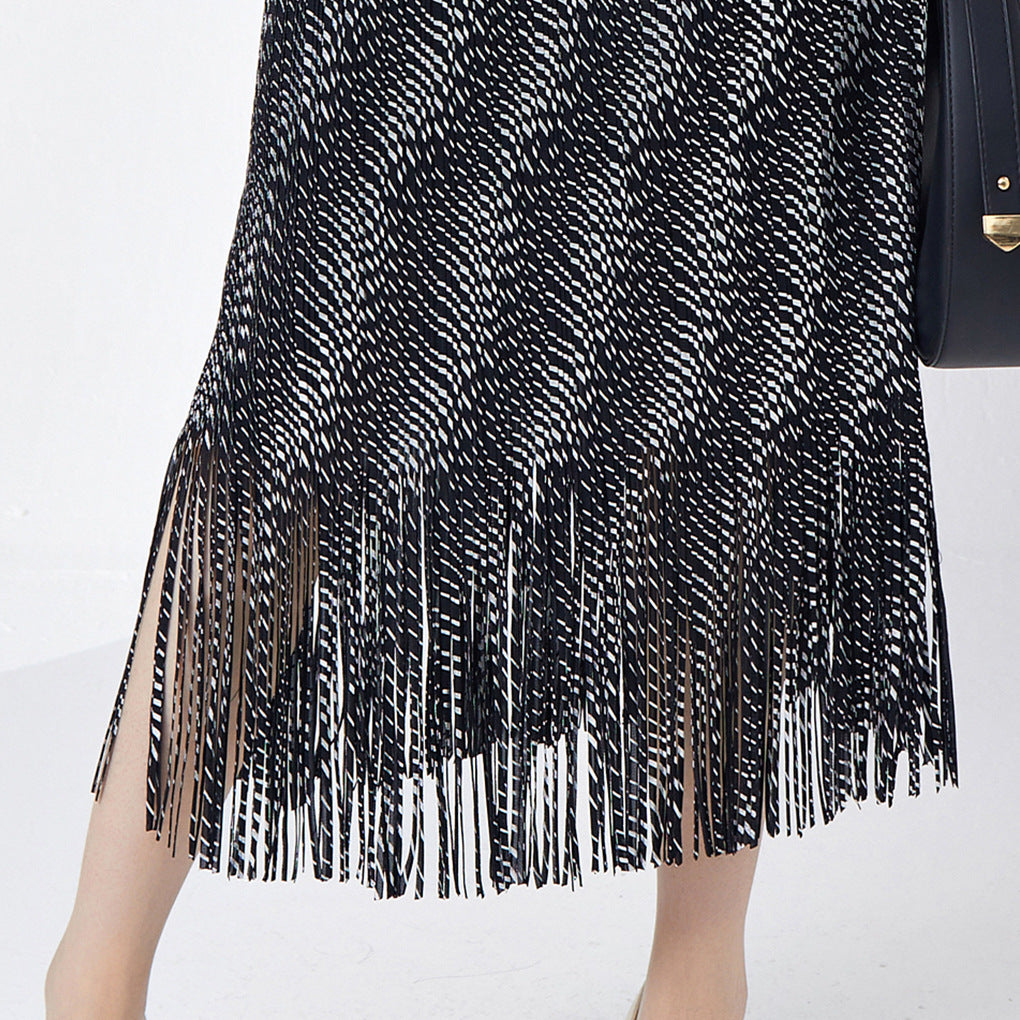 Shenzhen Nanyou women's clothing Sanzhai hot-selling fringed hip-wrapped skirt medium and long temperament versatile bronzing step skirt