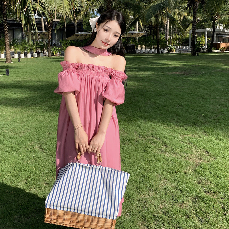 2025 2025 new Sanya seaside vacation one-word shoulder sexy backless neck dress women's summer Thai beach dress