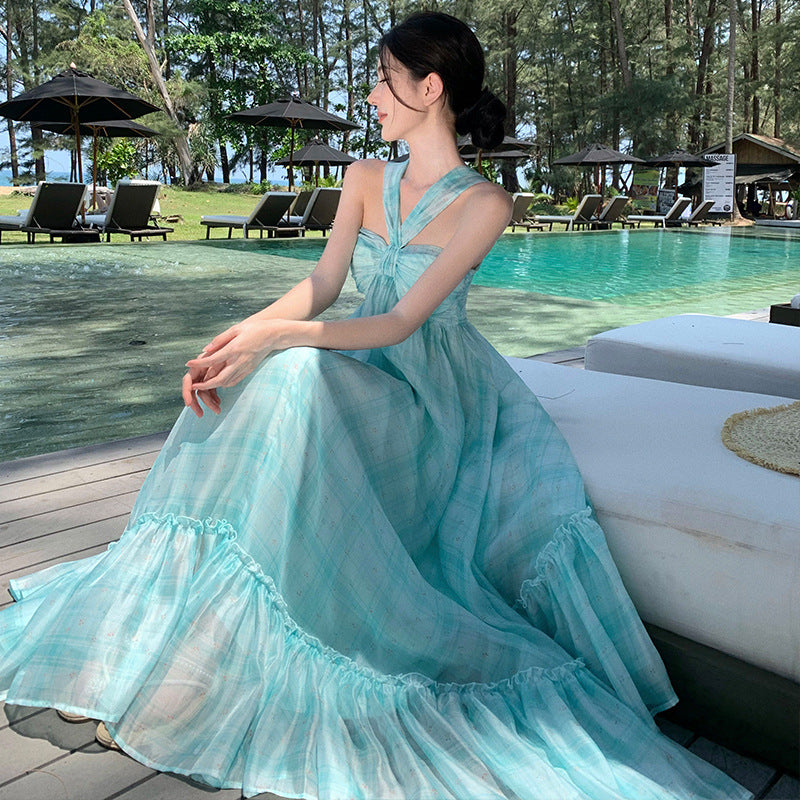 2025 Mint Mambo beautiful beach suspender dress women's summer vacation dress with chest pad elegant high-end fairy dress