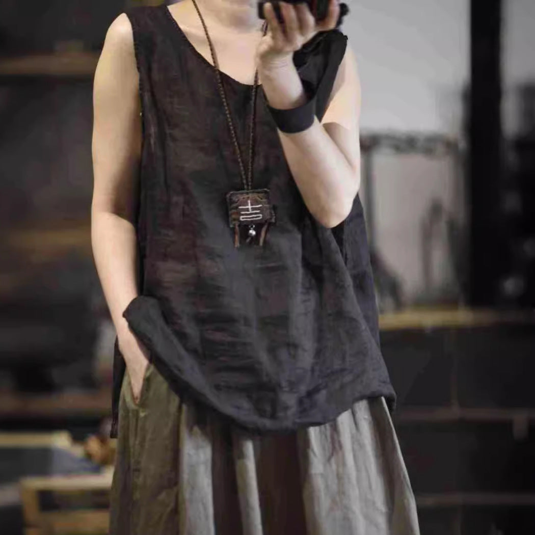 2025 23/3 minor, literary and simple spring and summer ramie light hand-sewn thread pullover vest