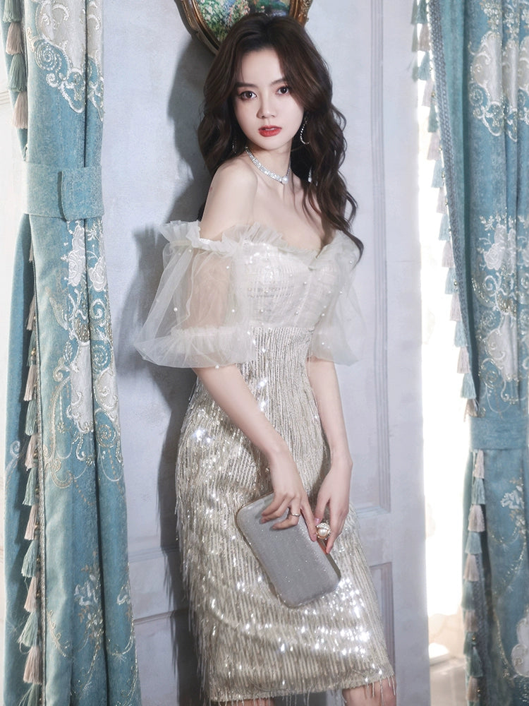One-word shoulder champagne evening dress dress women new birthday party small people can usually wear host autumn