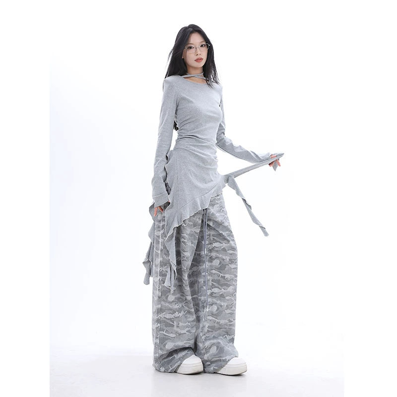 , 2025n Spice Girl high-elastic slim-fitting fungus edge streamer irregular medium and long-sleeved T-shirt bottoming shirt women