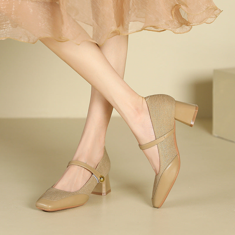 2025 5299-A2 one-word square head thick heel single shoes women's autumn 2025 new shallow middle heel professional commuter work women's shoes