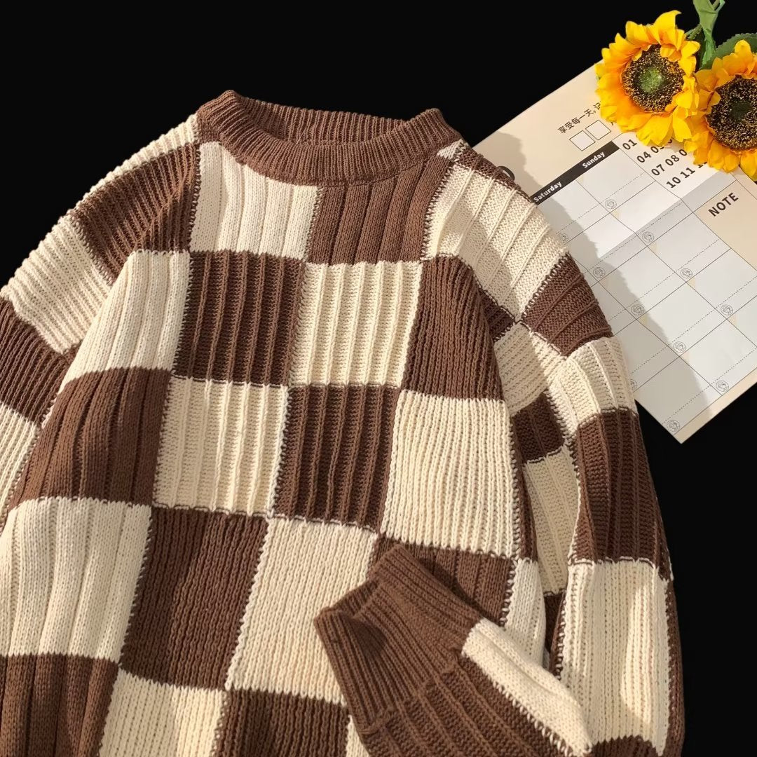 maoxiangshop-shop fall outfits aesthetic New Loose Sweater Japanese Style Lazy Retro Men's Autumn and Winter High-Grade Top Chessboard Plaid Sweater