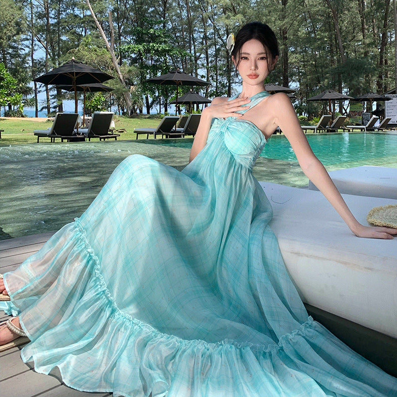 2025 Mint Mambo beautiful beach suspender dress women's summer vacation dress with chest pad elegant high-end fairy dress