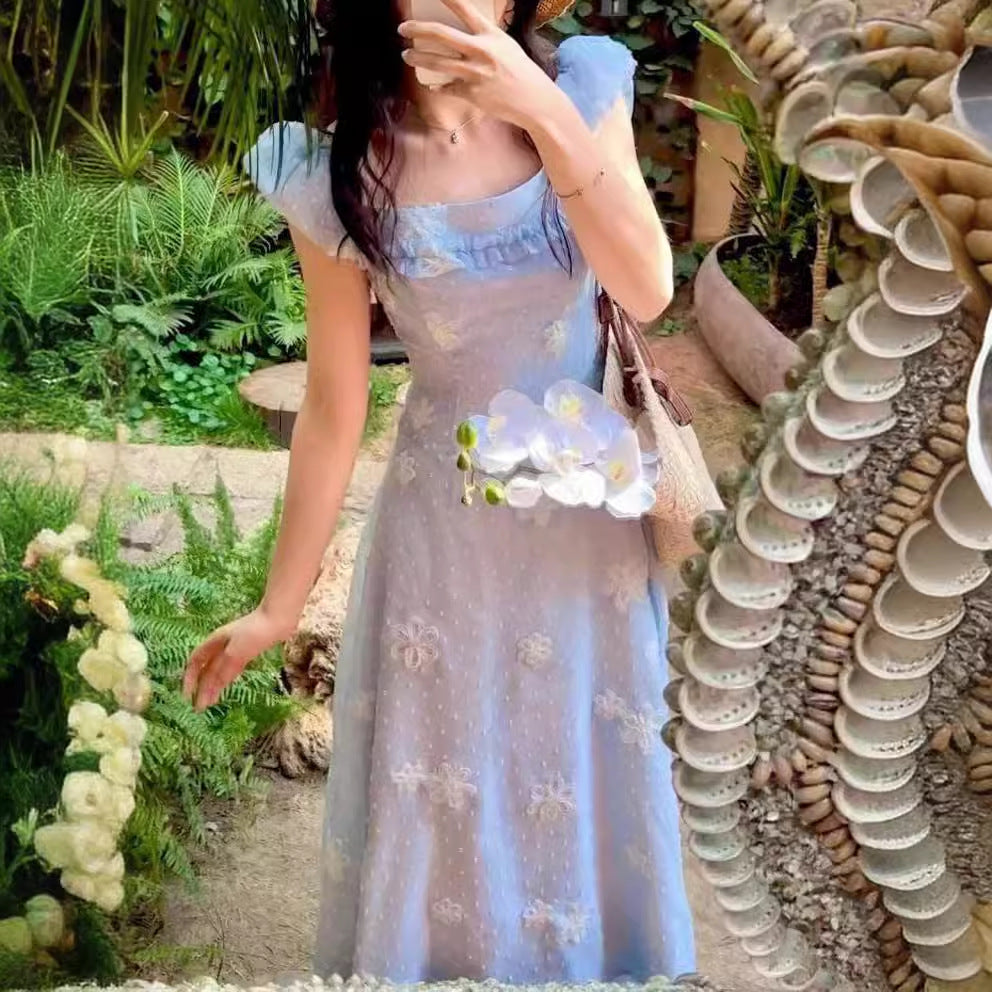 2025 fairy vacation wind embroidered blue dot dress women's new high waist and thin flying sleeve long dress summer