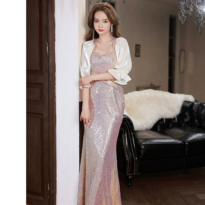 Sequined small evening dress skirt women's high-end temperament high-end sense light luxury niche new long dress V-neck autumn