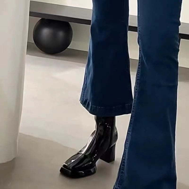 2025 square head thick heel small short boots women's black high heels rear zipper Martin boots patent leather thin boots winter