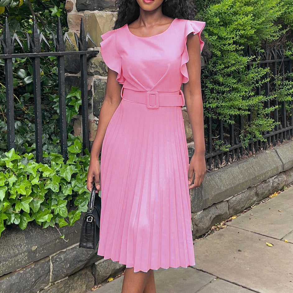 2025 D270 with belt 2022 summer independent station Popular trade lotus leaf sleeve round neck waist pleated New 2025 dress