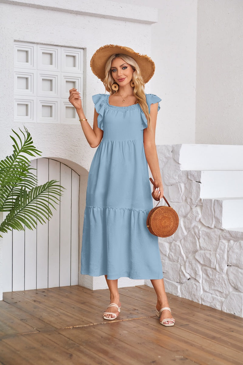 maoxiangshop Women's Clothing Flying Sleeve Square Neck Off-shoulder Pleated Hem Dress