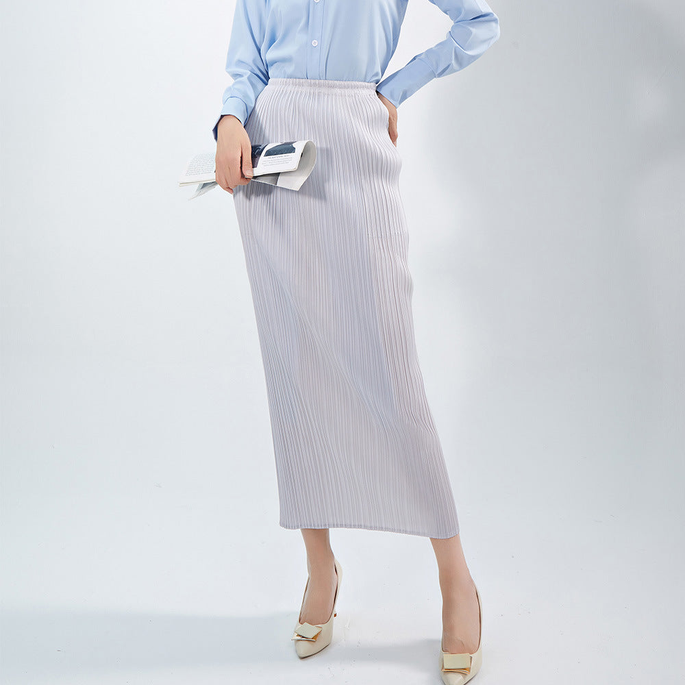 skirt, medium and long, high waist spring and summer drape solid color, high-end Popular style versatile pleated hip skirt looks thin