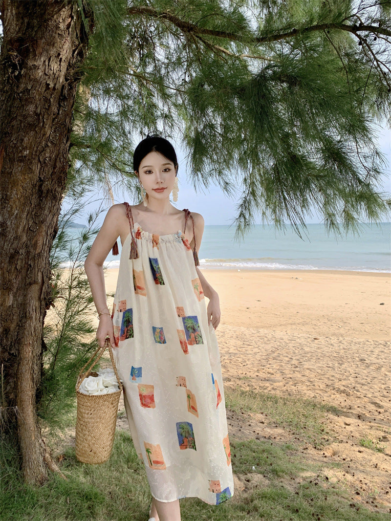2025 double coconut tree summer holiday loose and slightly fat vacation beach dress colorful fringed suspender print dress women