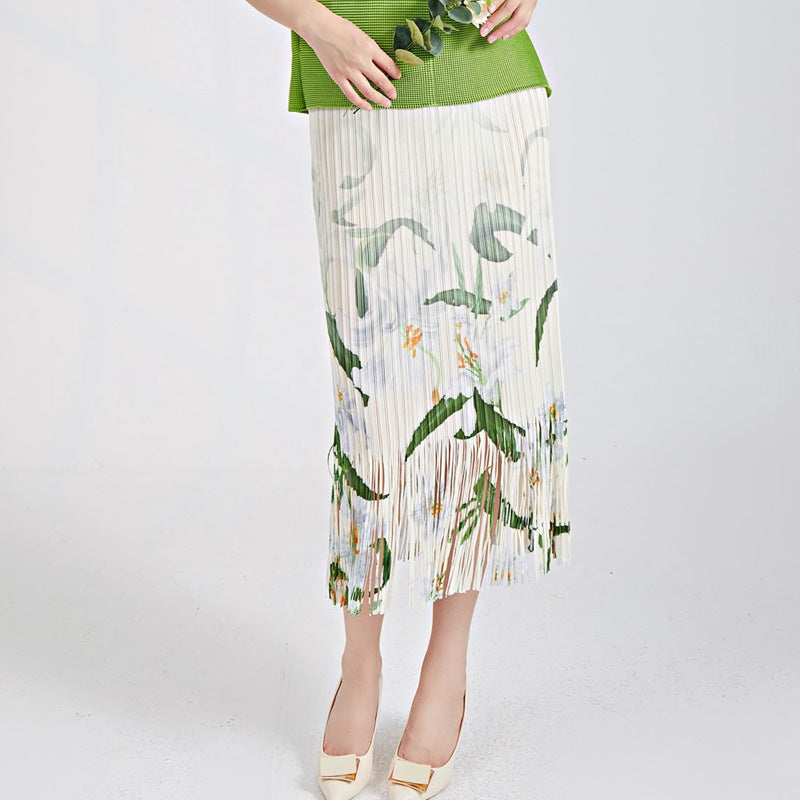 Shenzhen Nanyou high-end women's clothing fringed skirt spring women's skirt printed elastic waist Sanzhai one-step hip wrap skirt