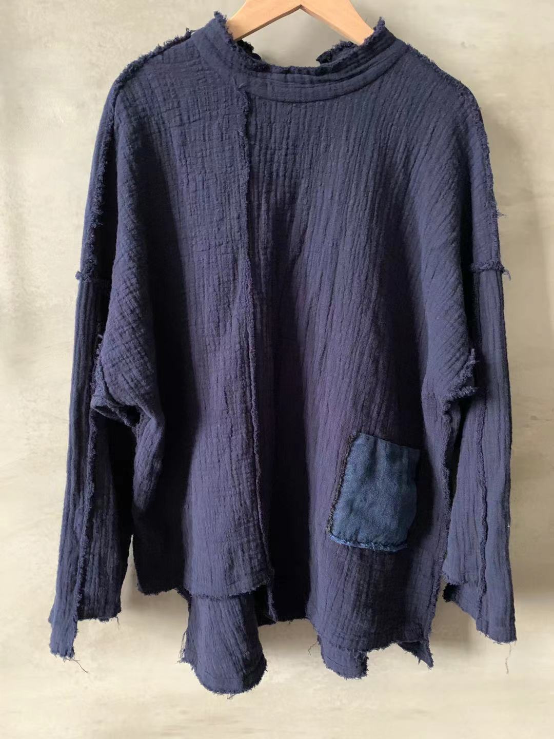 2025 24/10 Know the retro literature and art double-layer linen cotton half-height stand-up neck splicing washed rough edge pullover linen shirt