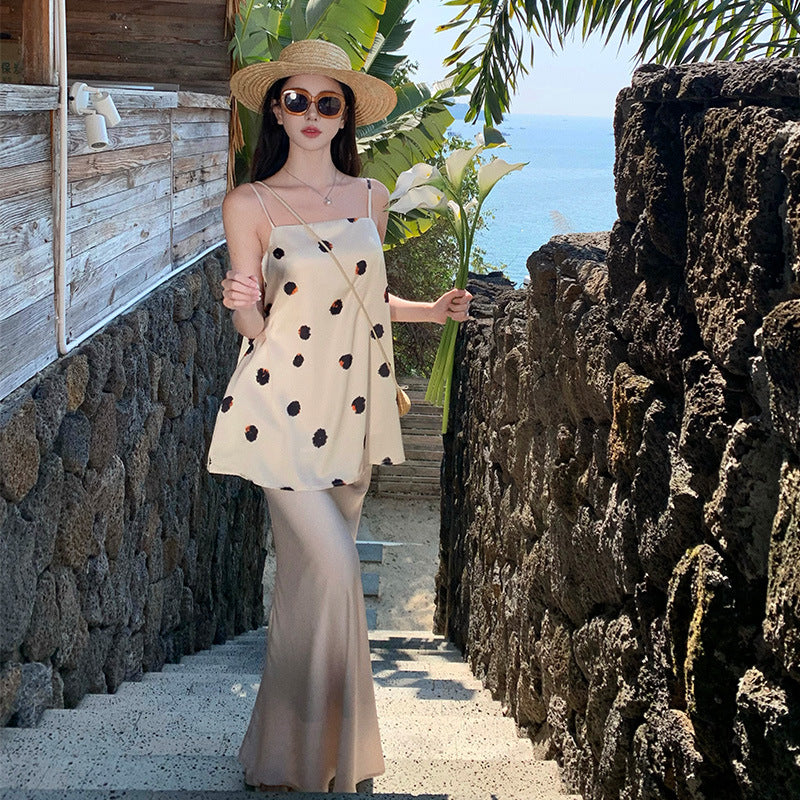 Holiday style suit temperament socialite polka dot suspender top satin skirt summer dress with a complete set of women