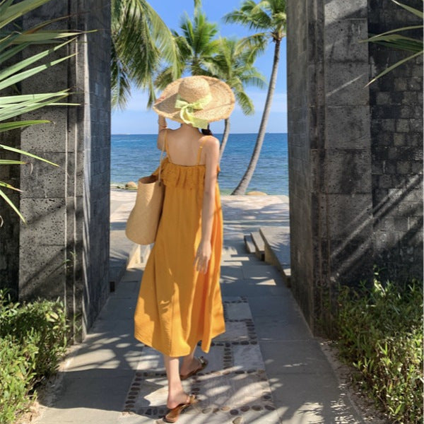 Yunnan Dali holiday warm yellow suspender dress female sweet small fresh Mori travel wear long skirt