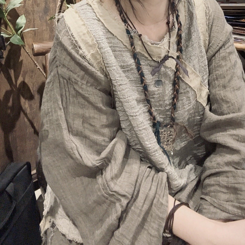 2025 24/4 SN49 Chan, literary and leisure short burr edge contrasting color-dyed linen splicing sleeve vest