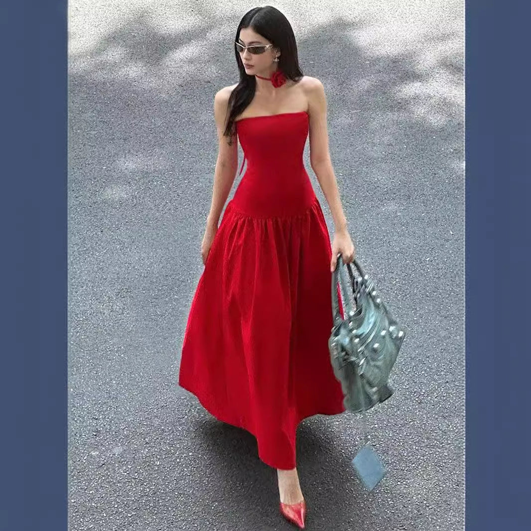 women's clothing summer new temperament elegant pleated design flower waist suspender dress