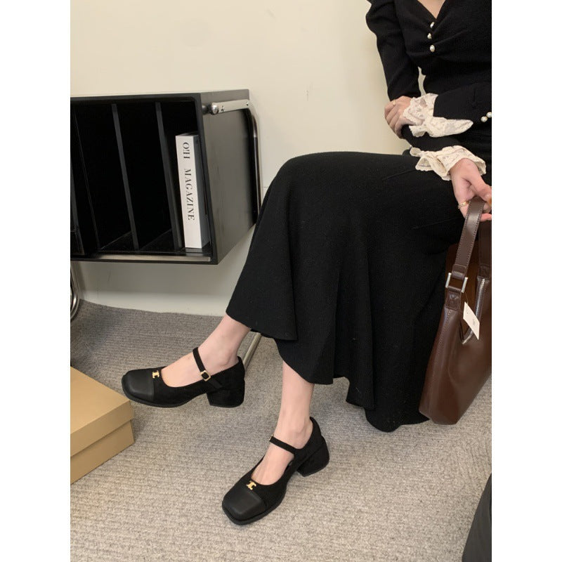 2025 Thick heel square head Mary Jane shoes suede popular new spring medium heel small leather shoes splicing one-word buckle strap single shoes women