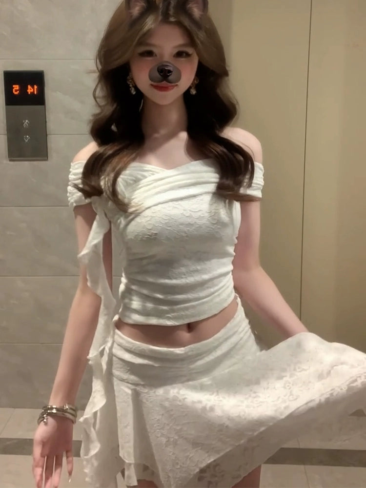 two wear one-word shoulder lace shirt + irregular skirt flash three-dimensional pattern lace set