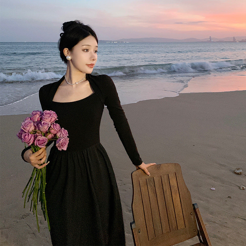 2025 Black square neck long-sleeved knitted dress spring and autumn new women's design sense niche thin skirt long dress