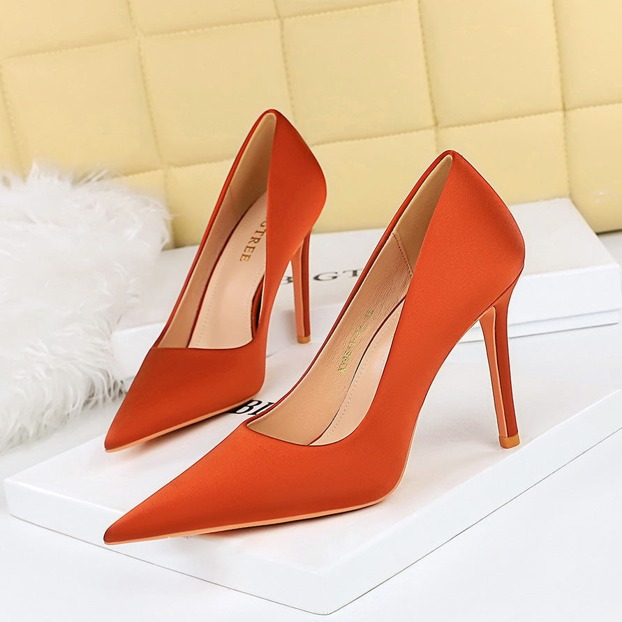 1983-2 Korean version of spring and autumn fashion simple satin high heels thin heels shallow mouth pointed women's shoes banquet high heels single shoes