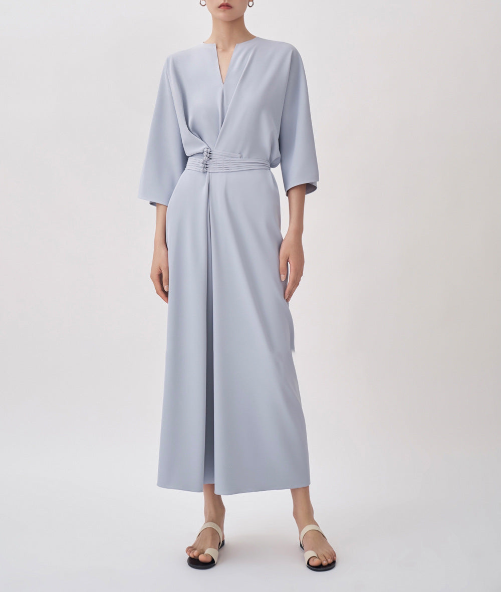 2025 2022 summer new women's clothing retro national style handmade buckle solid color v-neck dress high waist thin solid color dress