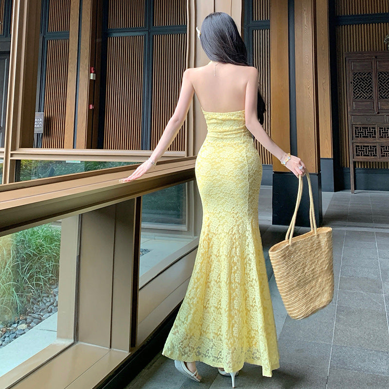 temperament neck lace dress women's 2025 spring and summer new seaside vacation style waist and thin skirt