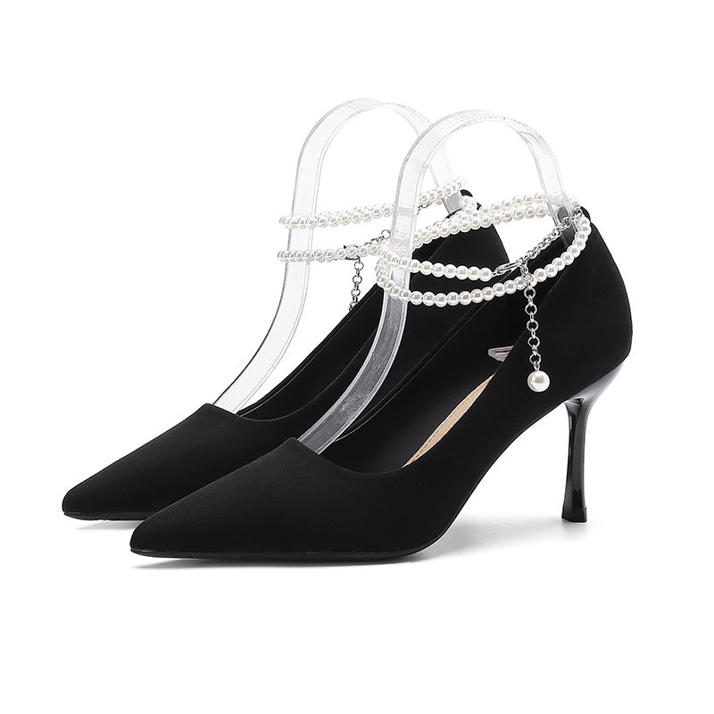 2025 811-B2 one-word pearl suede single shoes women's pointed head stiletto high heels sexy bride bridesmaid Xiuhe wedding shoes