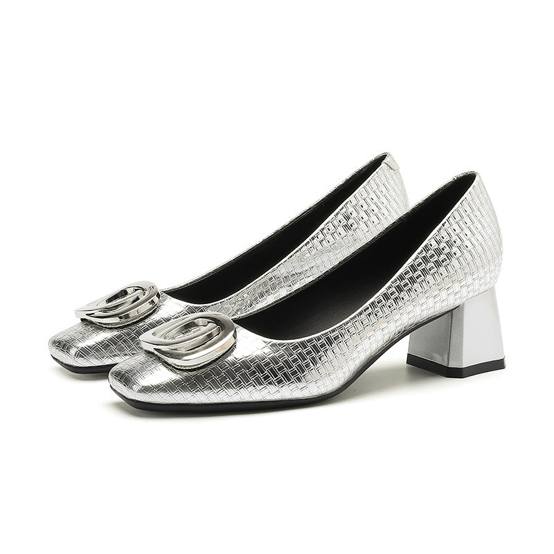 2025 5299-A5 Sexy sequined square head thick heel single shoes women's 2025 autumn new light mouth middle heel work single shoes women