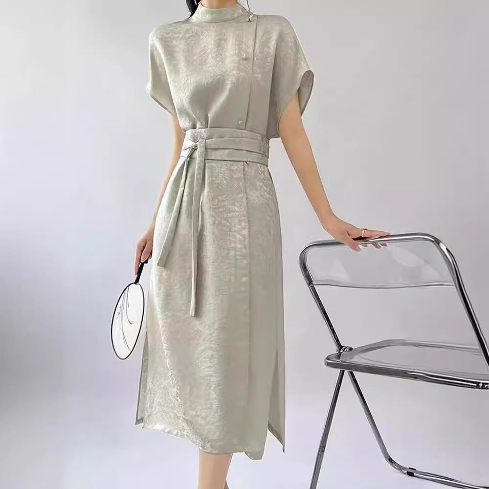 2025 High-end new Chinese jacquard asymmetrical design new strap-up slim dress high-end human silk dress