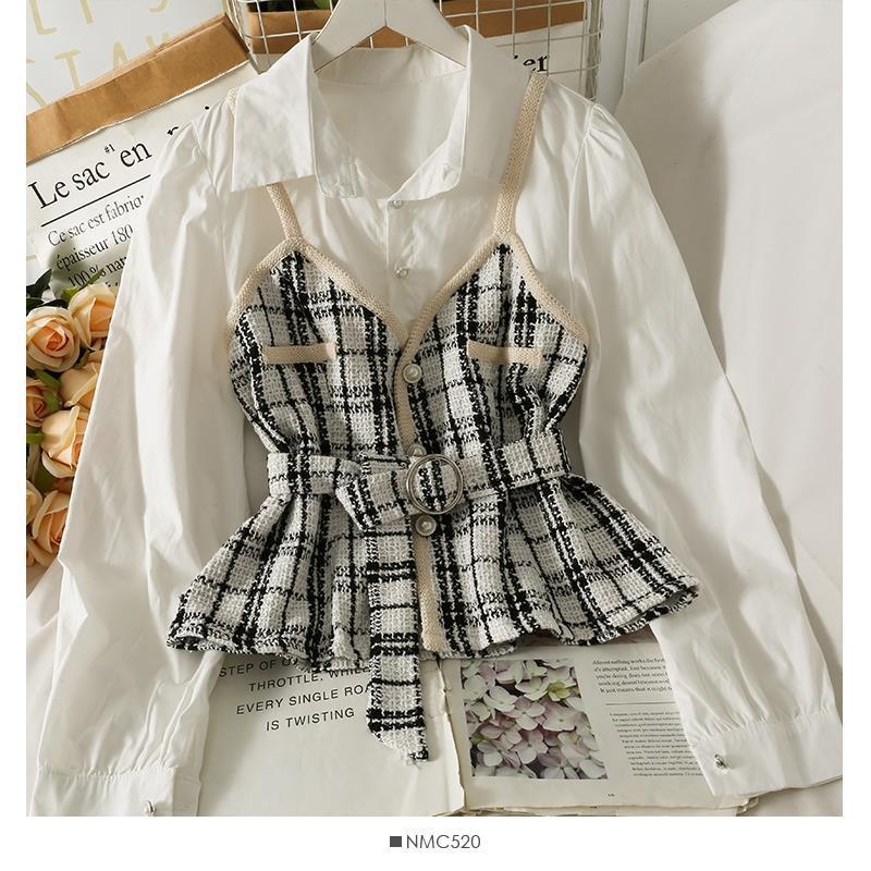 maoxiangshop-shop work outfits women Korean Style Retro Contrast Color Stitching Tweed Fake Two-Piece Shirt Women's Autumn High Waist Lace-up Slim Lapel Long Sleeve Top