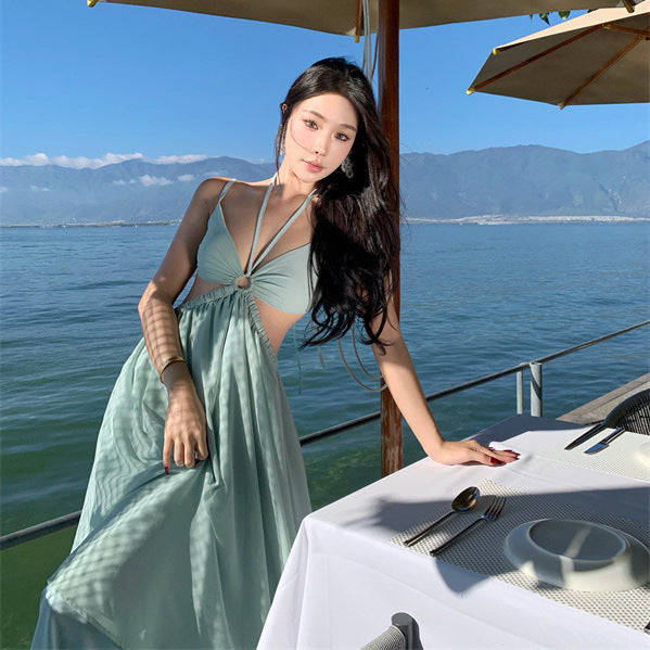 2025 Mint Green Vacation Fairy Suspender Dress Summer Beauty Neck Seaside Vacation Halter Dress Dress
