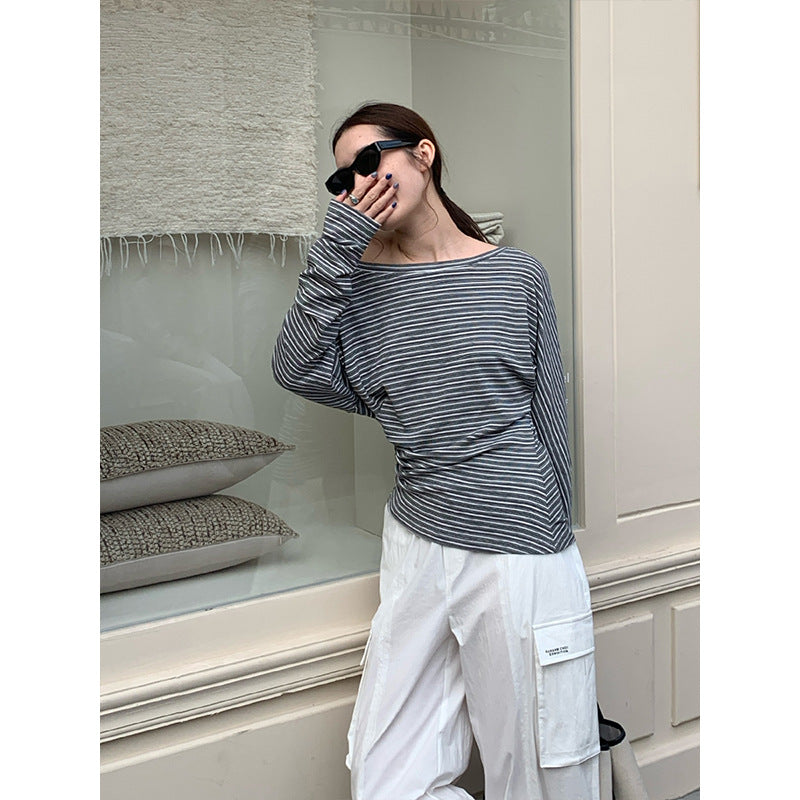 2025 Tencel striped contrasting color long-sleeved T-shirt women's 2025 spring new pleated versatile top T268