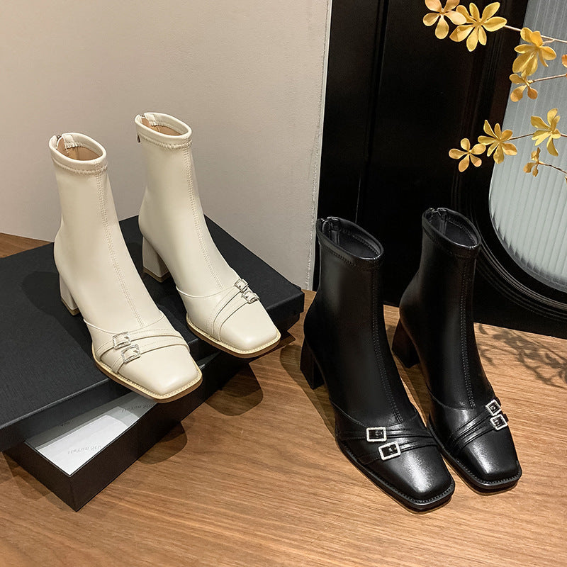 2025 Coarse heel short boots women's spring and autumn single boots popular new temperament square head thin boots black high heels