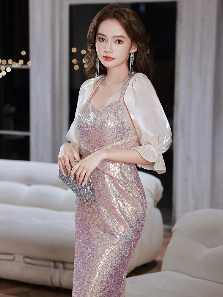 Sequined small evening dress skirt women's high-end temperament high-end sense light luxury niche new long dress V-neck autumn