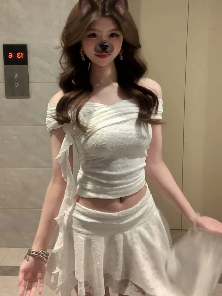 two wear one-word shoulder lace shirt + irregular skirt flash three-dimensional pattern lace set