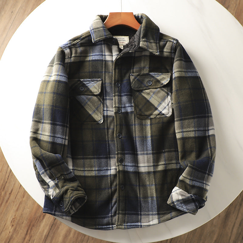 maoxiangshop-shop fall mens outfits Autumn and Winter Men's Fleece-lined Thickened Warm Loose Lamb Wool Flannel Plaid Shirt