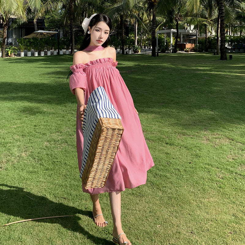 2025 2025 new Sanya seaside vacation one-word shoulder sexy backless neck dress women's summer Thai beach dress