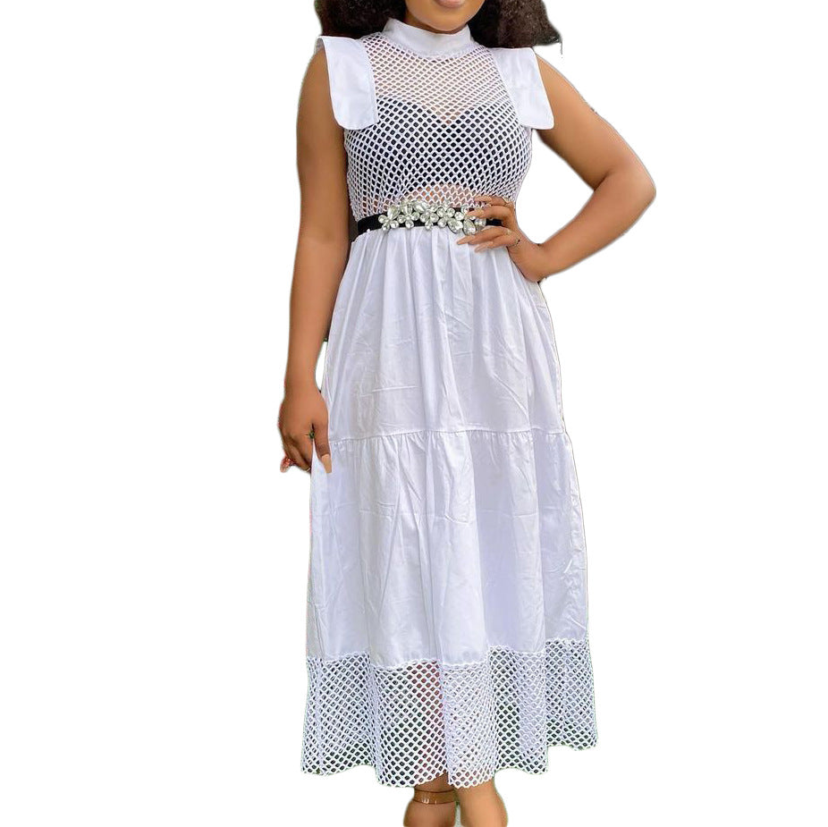 2025 D192 summer temperament commuting sexy hollow cotton high waist mesh splicing solid color large size Popular trade 2025 dress