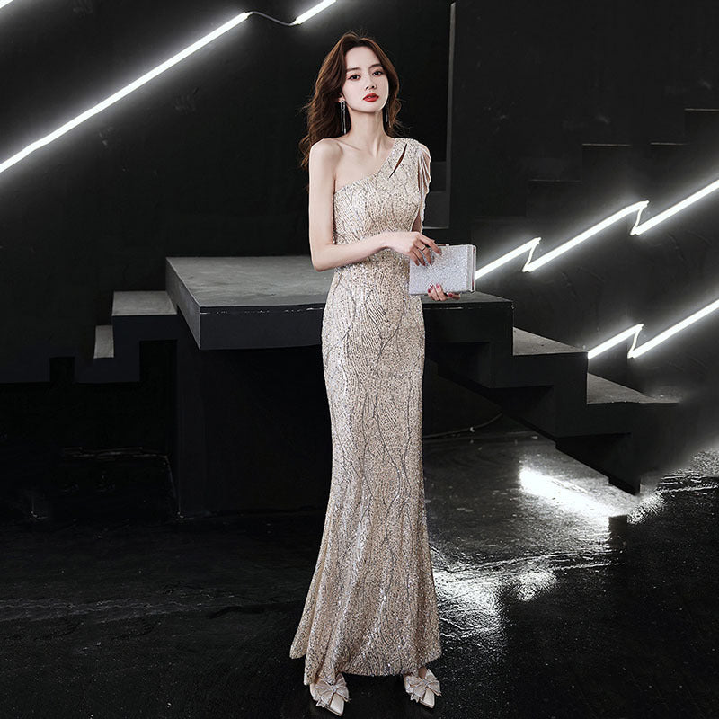 Sequined fishtail evening dress dress women's 2025 new temperament long shoulder tassel sexy host banquet dress