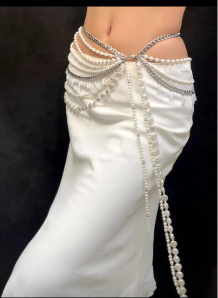 2025 LH4701 New new pearl with metal chain waist chain fashionable and versatile multi-layer combination waist chain belt