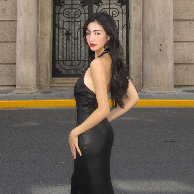 maoxiangshop-shop dress to impress PU Leather High-Grade Elegant Halter Dress New Nightclub Hot Girl Sexy Deep V Backless Sheath Dress