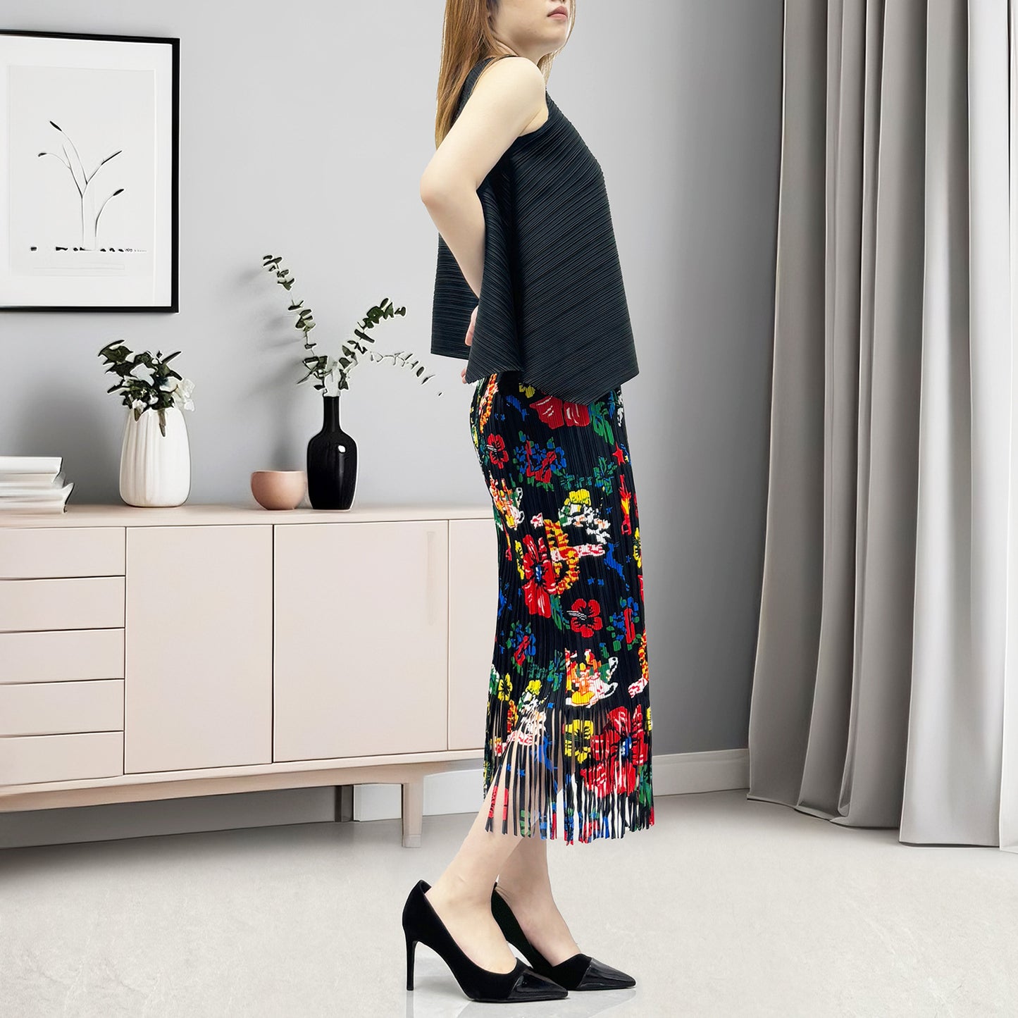 Fashion light luxury women's clothing summer black printing retro fringed hip skirt sleeveless T-shirt two-piece set