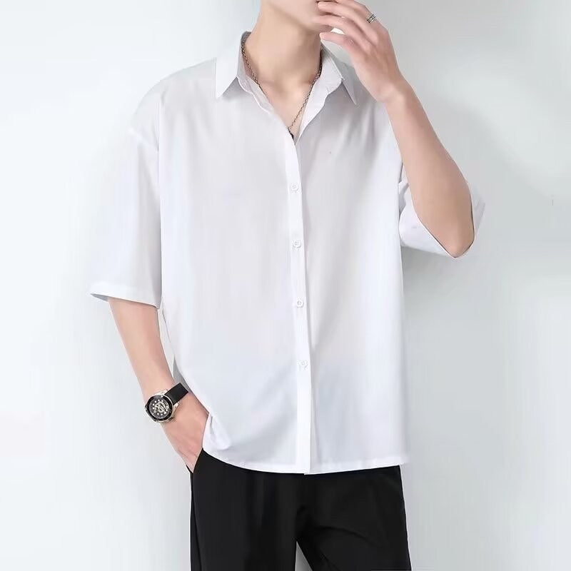 maoxiangshop-shop guy outfits Ice Silk Shirt Men's Short-Sleeved Summer Fashion Brand Men's Casual Jacket High-Grade Ruan Handsome Half-Sleeve Black Shirt