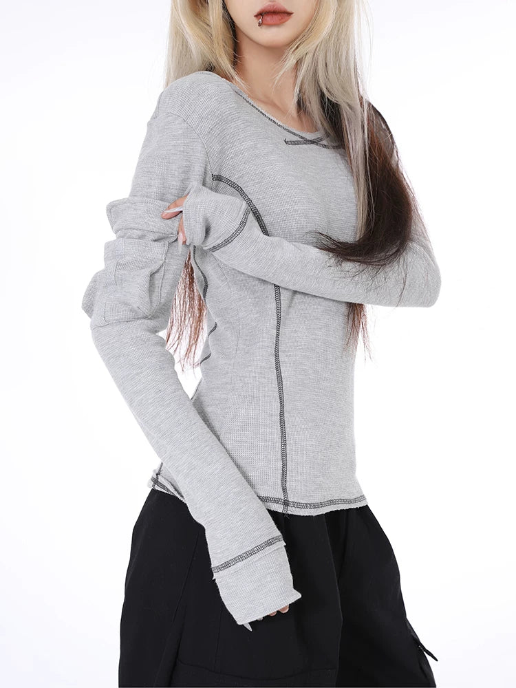 2025 hooded slim-fitting gray long-sleeved top women's autumn and summer design T-shirt Popular style bottoming shirt